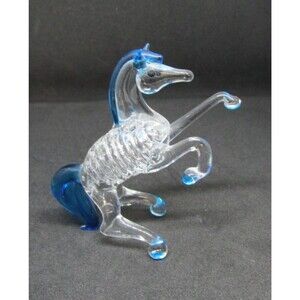 Horse Rearing blue Spun Hand blown glass carnival  Art glass Vintage 2.25 in